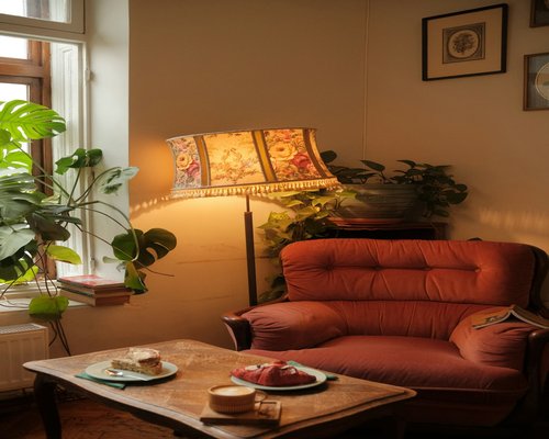 A cozy indoor scene showing warm ambient reading light illuminating a cozy corner chair next to indoor green plants